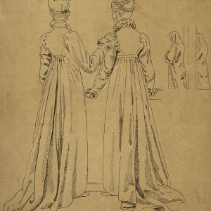 Caspar David Friedrich, Dwie stojące kobiety widziane z tyłu, szkic, pędzel, tusz, kalka, sztuka niemiecka, niezła sztuka