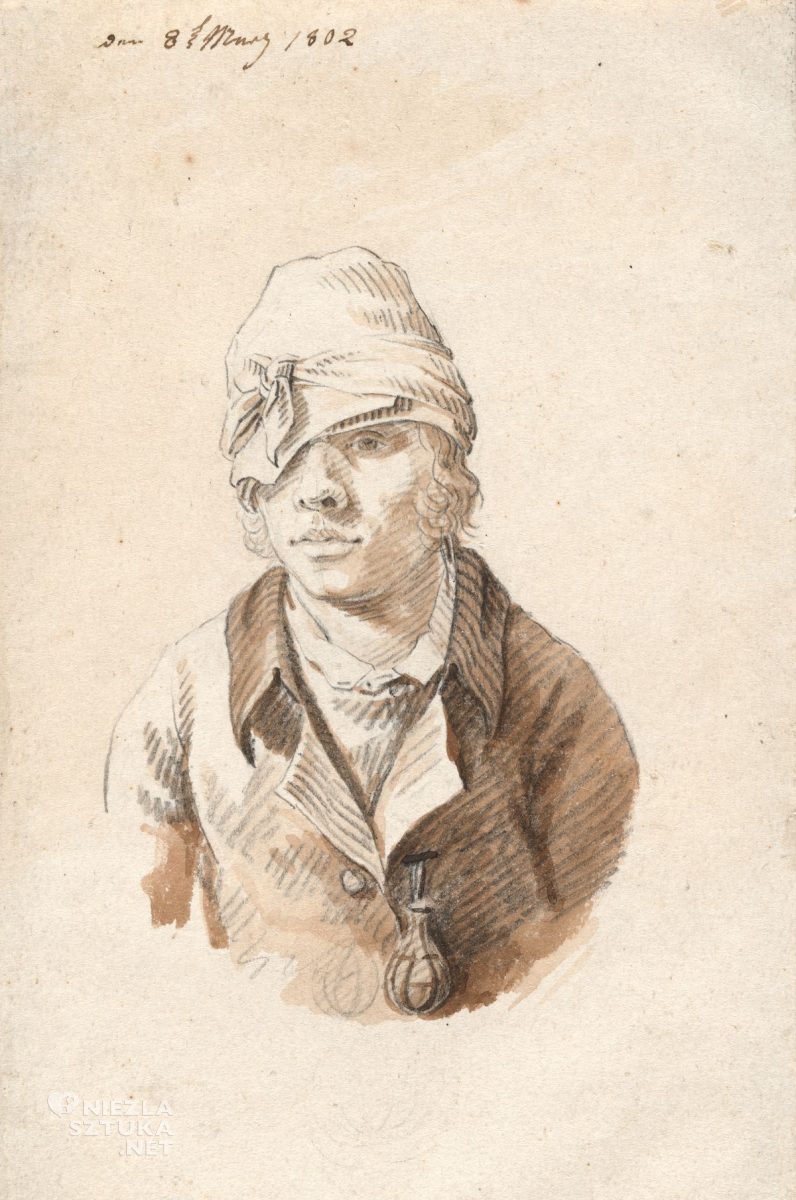 Caspar David Friedrich, Autoportret w czapce, szkic, pędzel, tusz, kalka, sztuka niemiecka, niezła sztuka