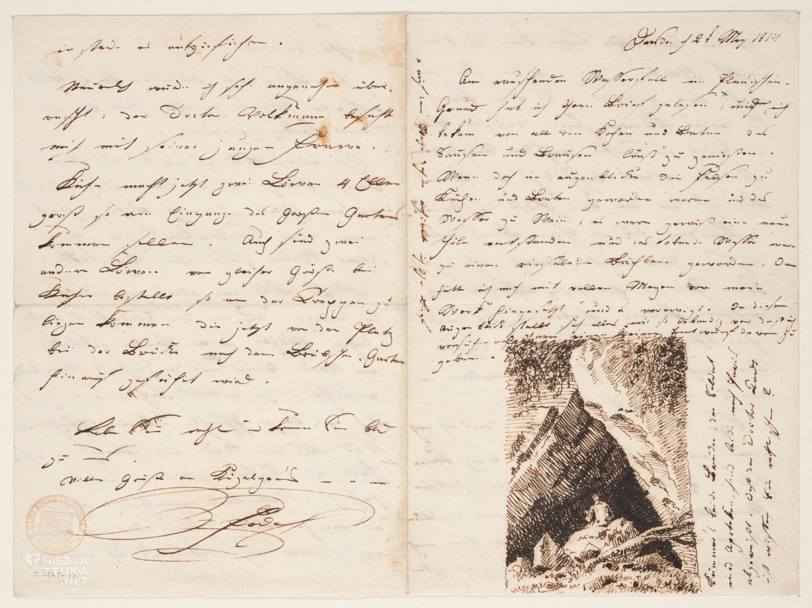 Caspar David Friedrich, List do Louise Seidler, Autoportret widziany od tyłu, szkic, dokument, korespondencja, papier, pod listem, sztuka niemiecka, niezła sztuka