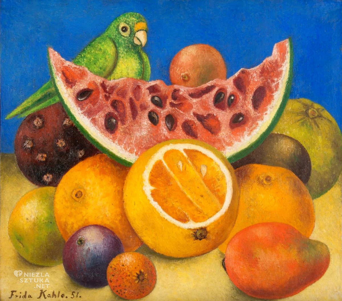 Frida Kahlo, Martwa natura z papugą, kobiety w sztuce, sztuka meksykańska, Meksyk, owoce, ptak, still life with parrot and fruit, niezła sztuka