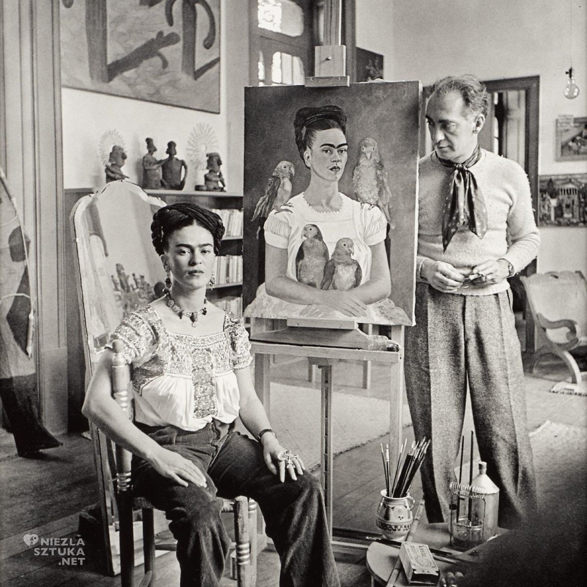 Frida Kahlo, zdjęcie, archiwum, Nickolas Muray, Ja i moje papugi, kobiety w sztuce, sztuka meksykańska, Meksyk, niezła sztuka