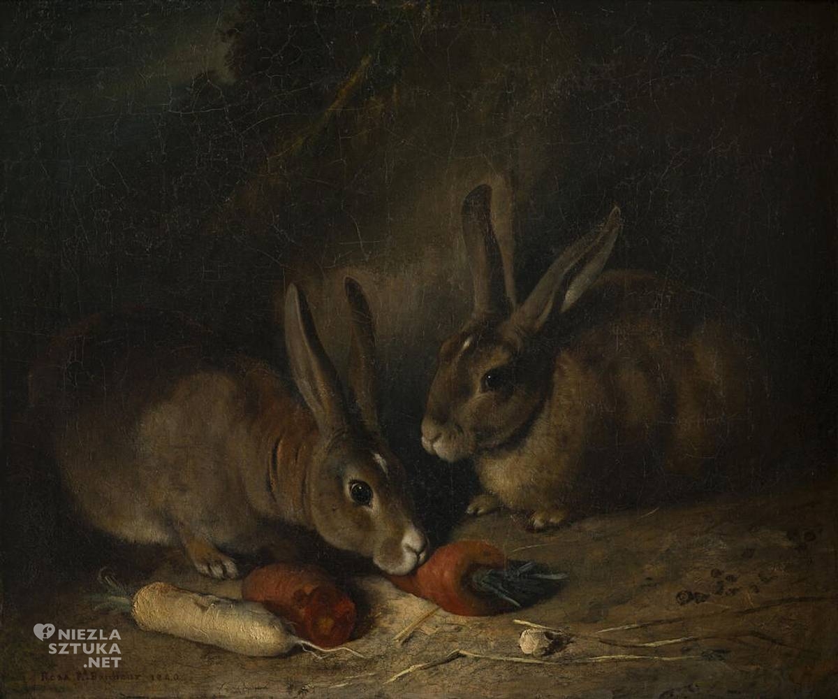 Rosa Bonheur, Dwa króliki, olej, płótno, zwierzęta w sztuce, kobiety w sztuce, sztuka amerykańska, króliki, zające, niezła sztuka