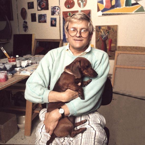 David Hockney, portert, sesja portretowa, z psem, z jamnikiem, Los Angeles, Aaron Rapoport, portret artysty, sztuka angielska, sztuka współczesna, zdjęcie, archiwum, niezła sztuka