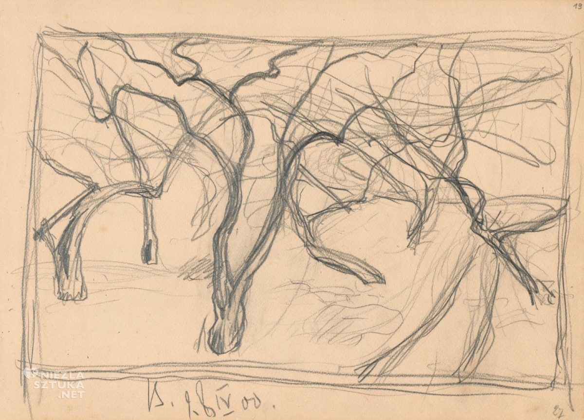 Ferdynand Ruszczyc, szkic do obrazu Stare jabłonie, rysunek, ołówek, papier, szkice, warszawa, niezła sztuka