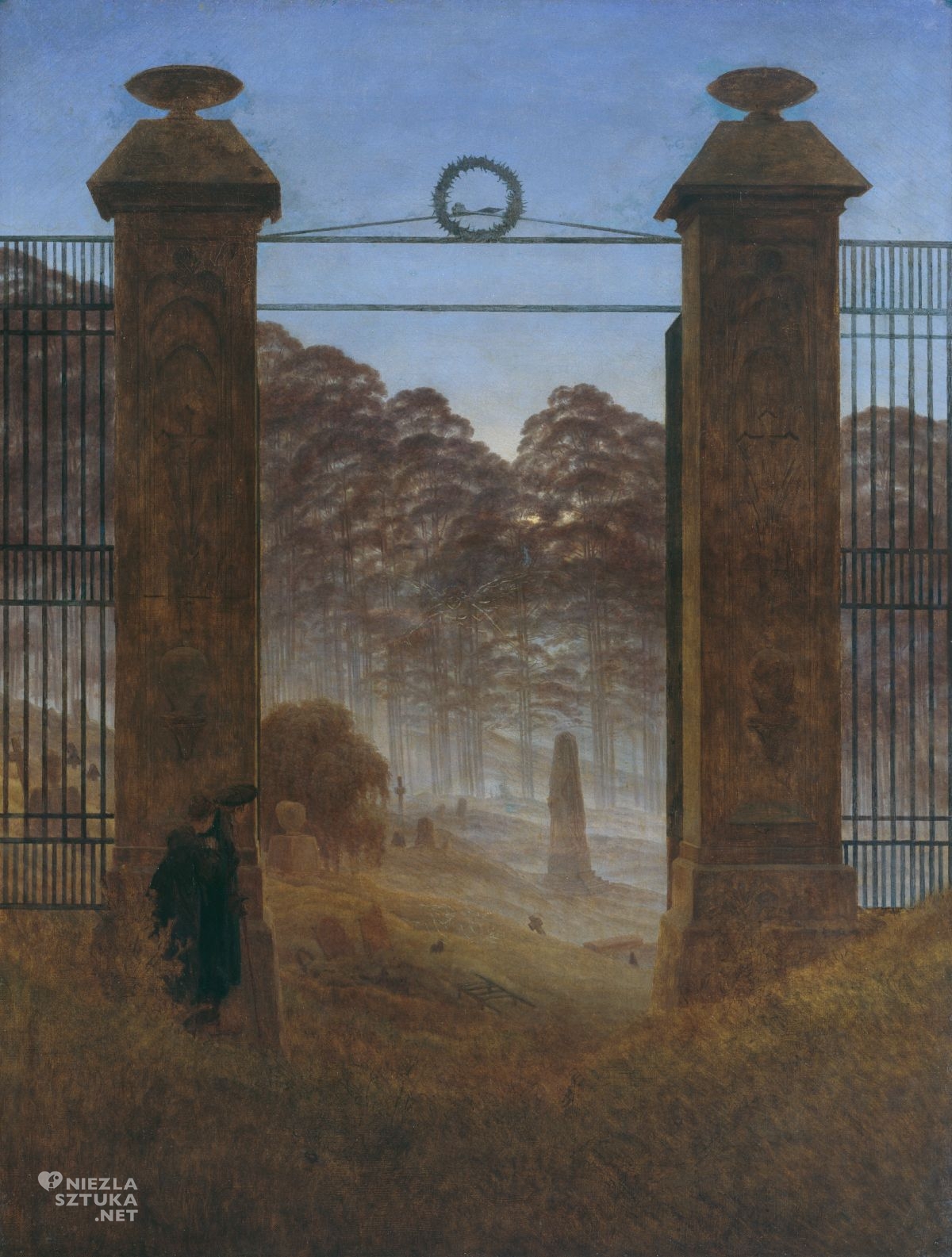 Caspar David Friedrich, Cmentarz, olej, płótno, pejzaż, brama, sztuka niemiecka, romantyzm, Niezła Sztuka