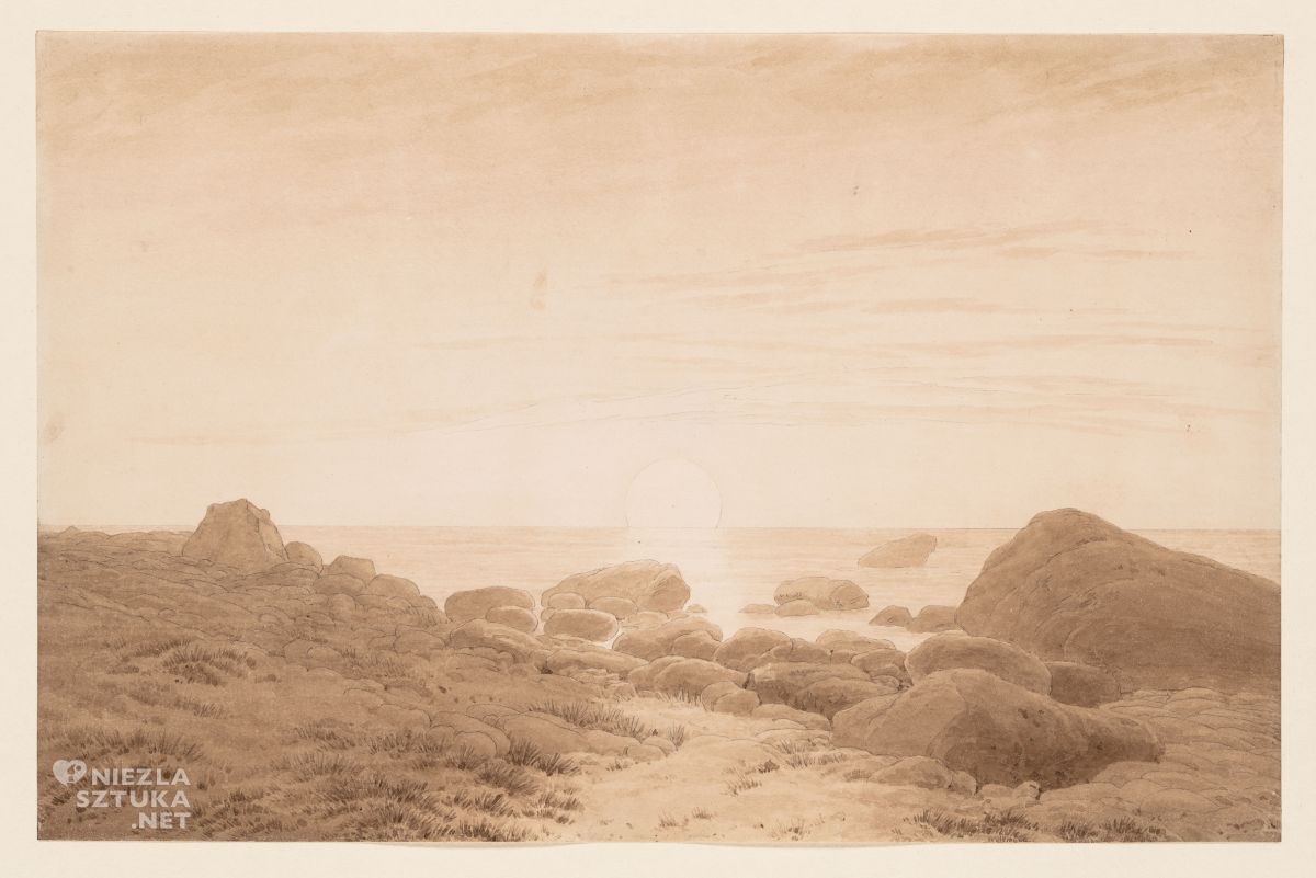 Caspar David Friedrich, Kamienista plaża o wschodzie słońca, pióro, pędzel, papier, wschód słońca, plaża, kamienie, pejzaż, sztuka niemiecka, romantyzm, Niezła Sztuka