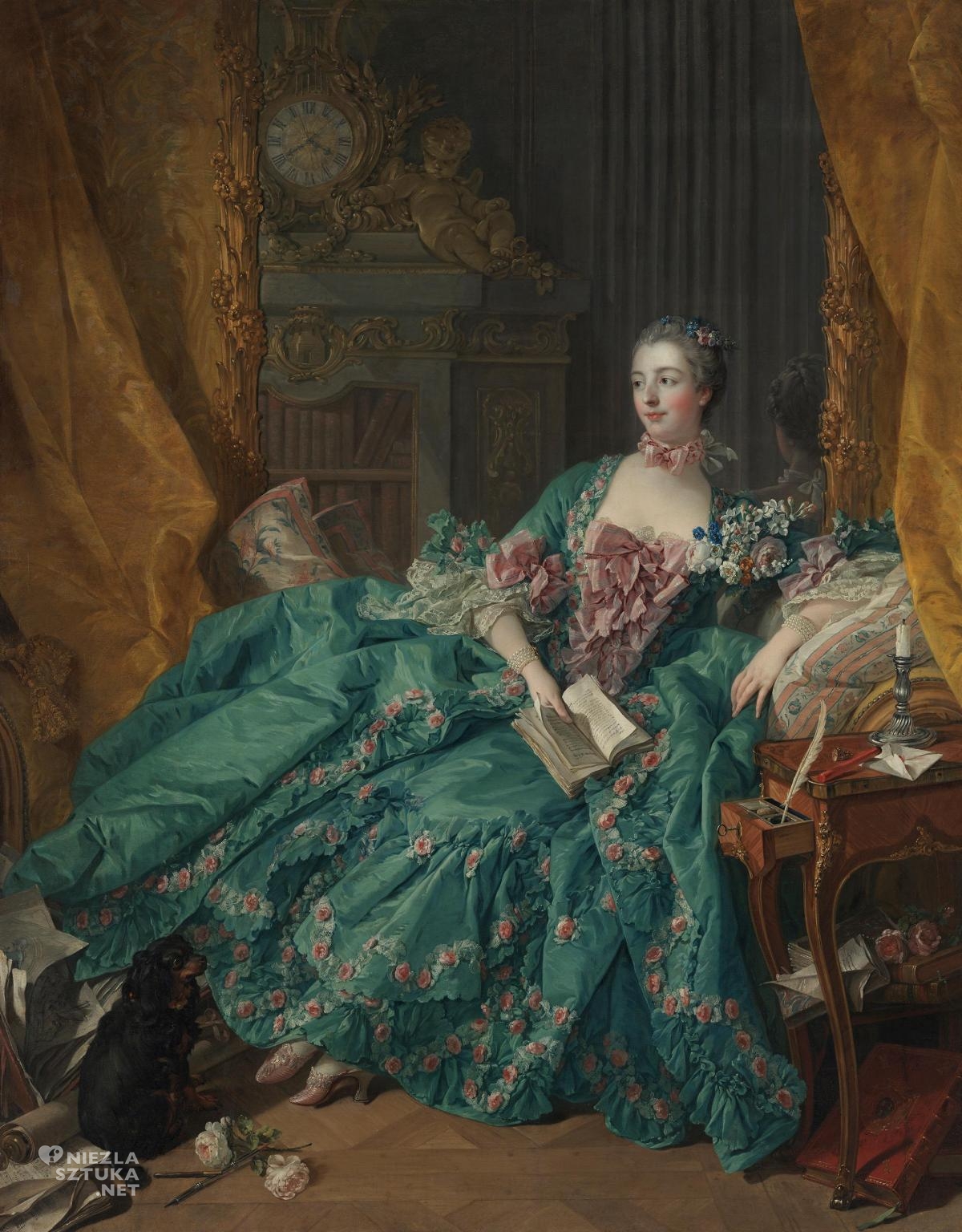 François Boucher, Portret Madame de Pompadour, sztuka francuska, kobiety w sztuce, leżąca, czytająca kobieta, arystokracja, niezła sztuka