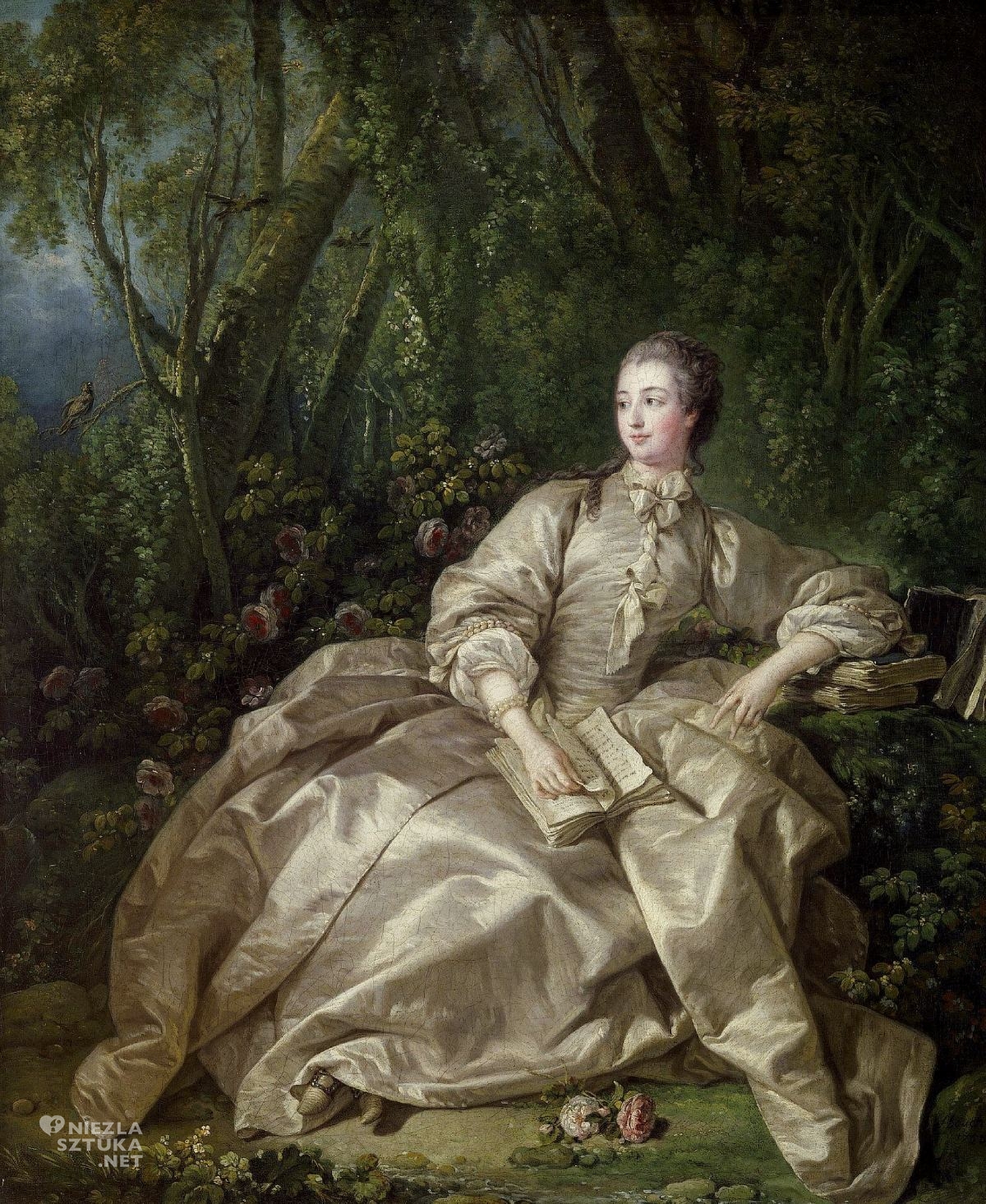 François Boucher, Portret Madame de Pompadour, biała suknia, portret kobiety, kobiety w sztuce, kobiety na obrazach, sztuka francuska, niezła sztuka