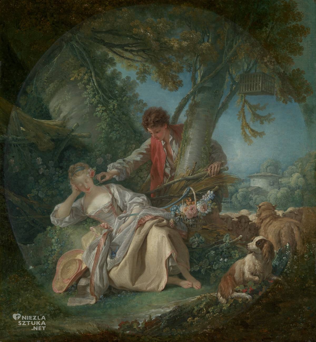François Boucher, Przerwany sen, obudzona kobieta, sielanka, niezła sztuka