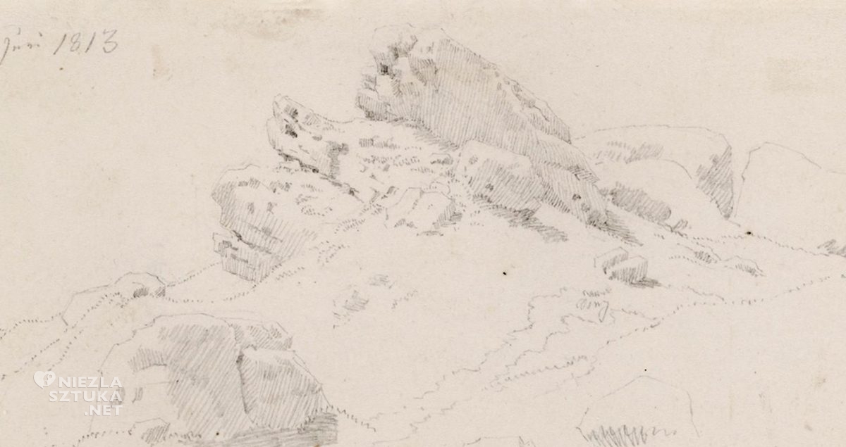 Caspar David Friedrich, Skaliste wzgórze, szkic, sztuka niemiecka, romantyzm, niezła Sztuka