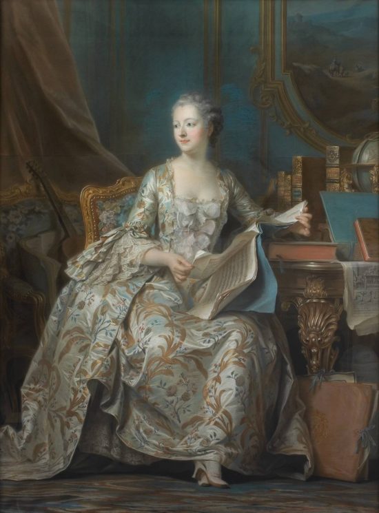 Maurice Quentin de La Tour, Portret en pied markizy de Pompadour (Madame de Pompadour w gabinecie), portret kobiety, kobiety w sztuce, sztuka francuska, niezła sztuka