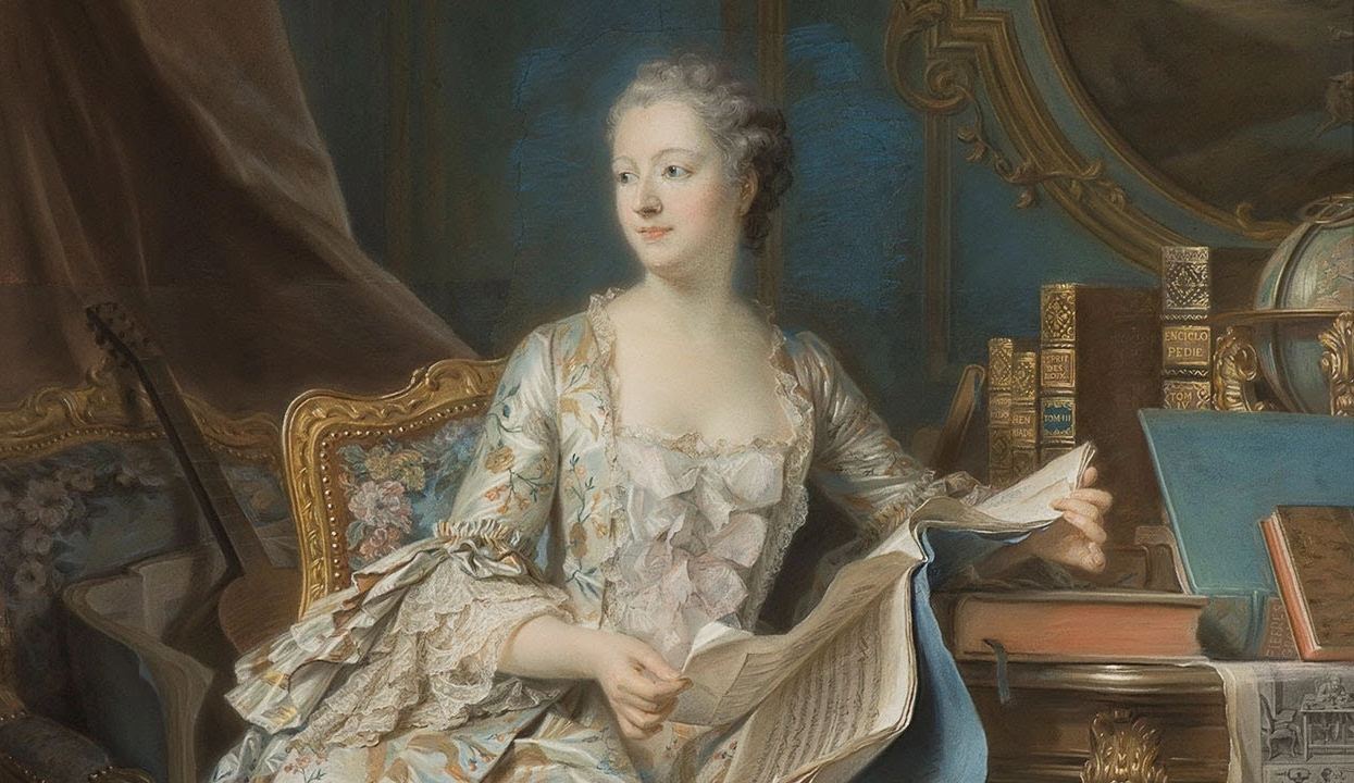 Maurice Quentin de La Tour, Portret en pied markizy de Pompadour (Madame de Pompadour w gabinecie), portret kobiety, kobiety w sztuce, sztuka francuska, detal, niezła sztuka