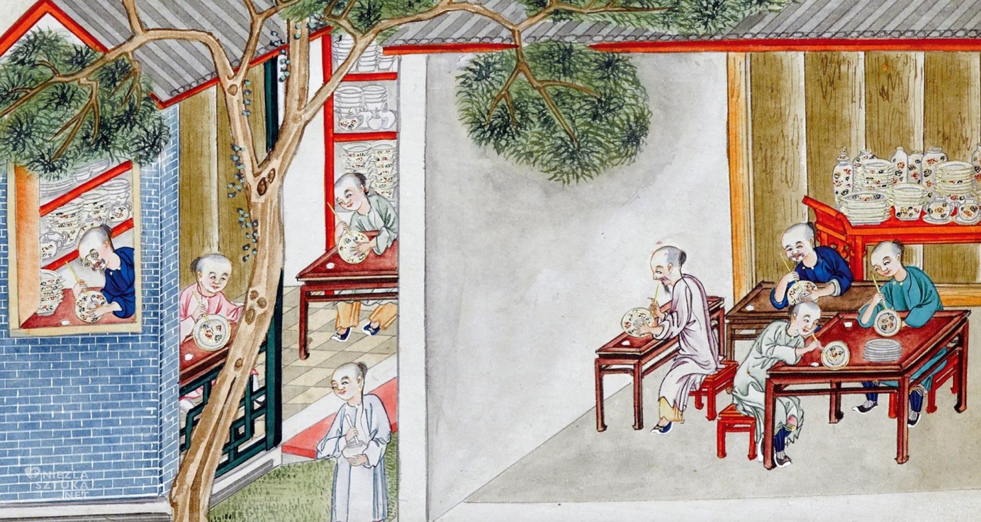 Malowidła przedstawiające proces produkcji porcelany w czasach dynastii Qing, Zdobienie wyrobów kolorami emalii, porcelana, produkcja porcelany, ozdabianie, chińska porcelana, niezła sztuka