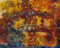 Claude Monet, Mostek japoński, orientalizm, impresjonizm, olej płótno, czerwony, żółty, pomarańczowy, niezła sztuka