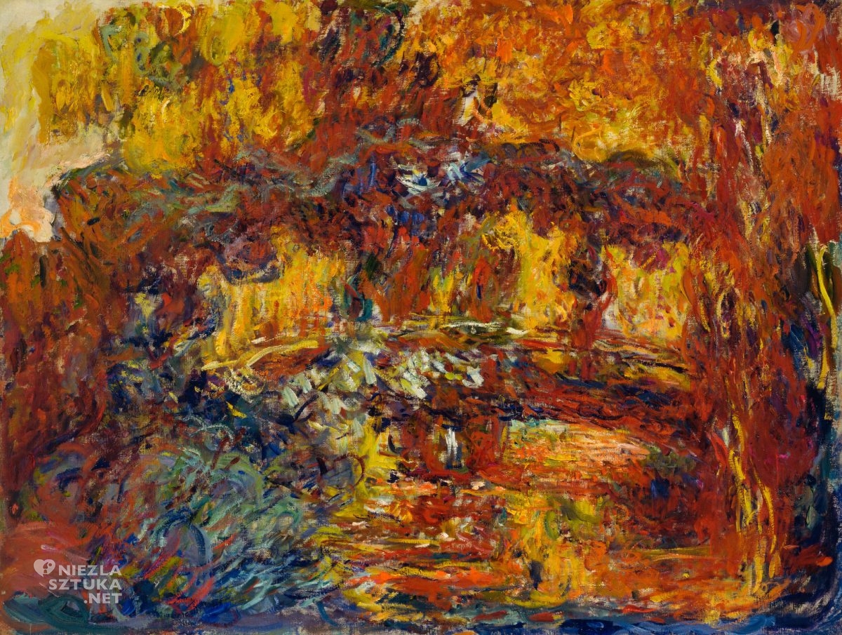 Claude Monet, Mostek japoński, orientalizm, impresjonizm, olej płótno, czerwony, żółty, pomarańczowy, niezła sztuka