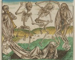 Michael Wolgemut, Danse Macabre, Liber chronicarumNuremberg Chronicle, taniec śmierci, sztuka średniowieczna, ilustracja z manuskryptu, niezła sztuka