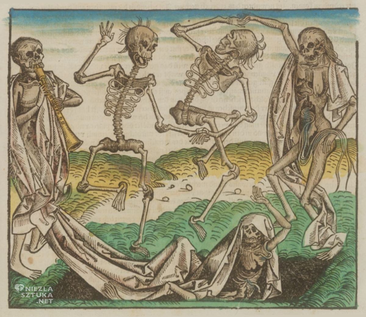 Michael Wolgemut, Danse Macabre, Liber chronicarumNuremberg Chronicle, taniec śmierci, sztuka średniowieczna, ilustracja z manuskryptu, niezła sztuka