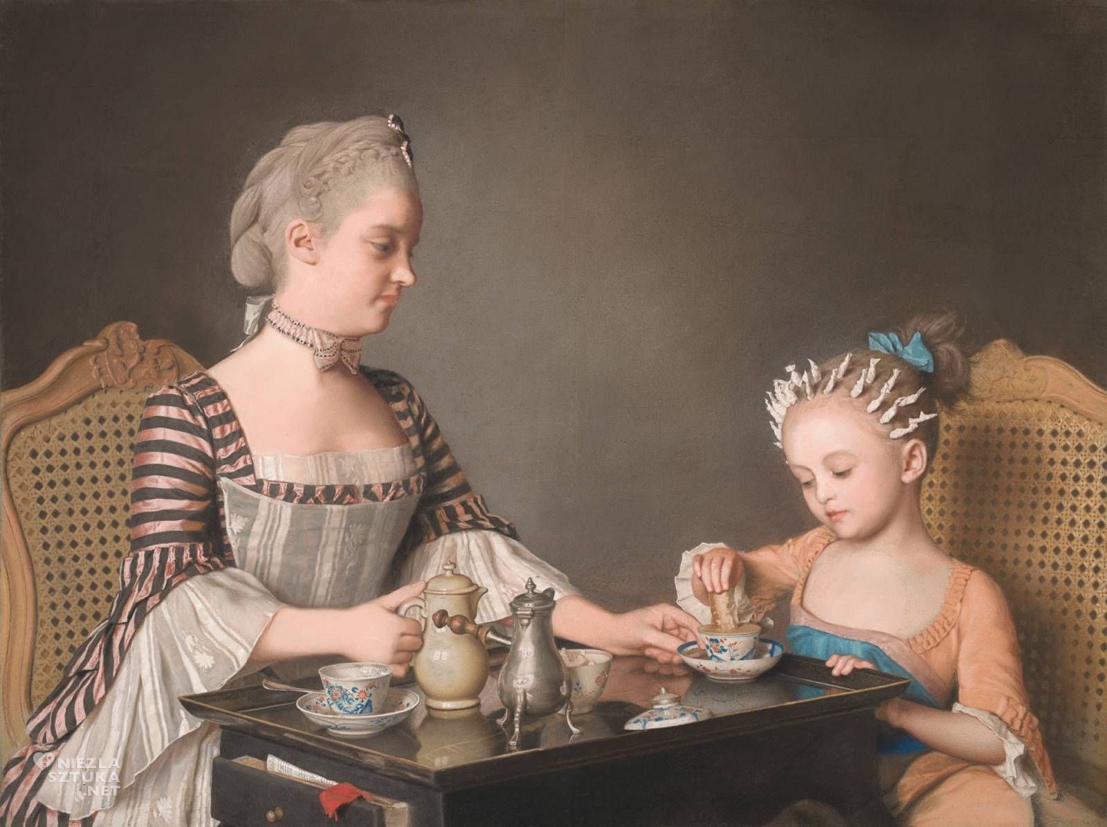 Jean-Étienne Liotard, Śniadanie rodziny Lavergne, przy stole, posiłek, sztuka francuska, scena rodzajowa, niezła sztuka