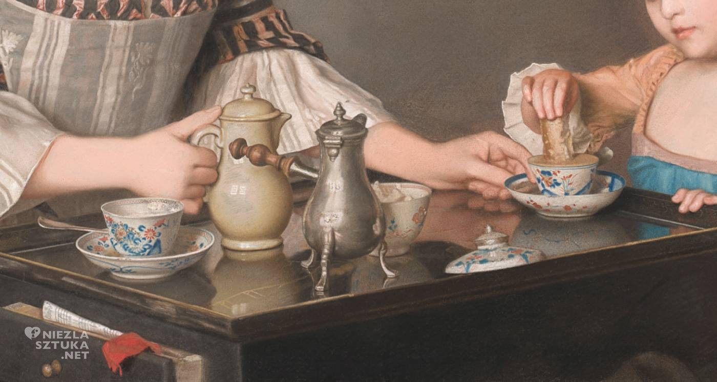 Jean-Étienne Liotard, Śniadanie rodziny Lavergne, przy stole, posiłek, sztuka francuska, porcelana, scena rodzajowa, niezła sztuka