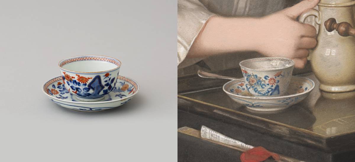 Porcelana, filiżanka, spodek, sztuka japońska, Jean-Étienne Liotard, Śniadanie rodziny Lavergne, przy stole, posiłek, sztuka francuska, dziecko, scena rodzajowa, niezła sztuka