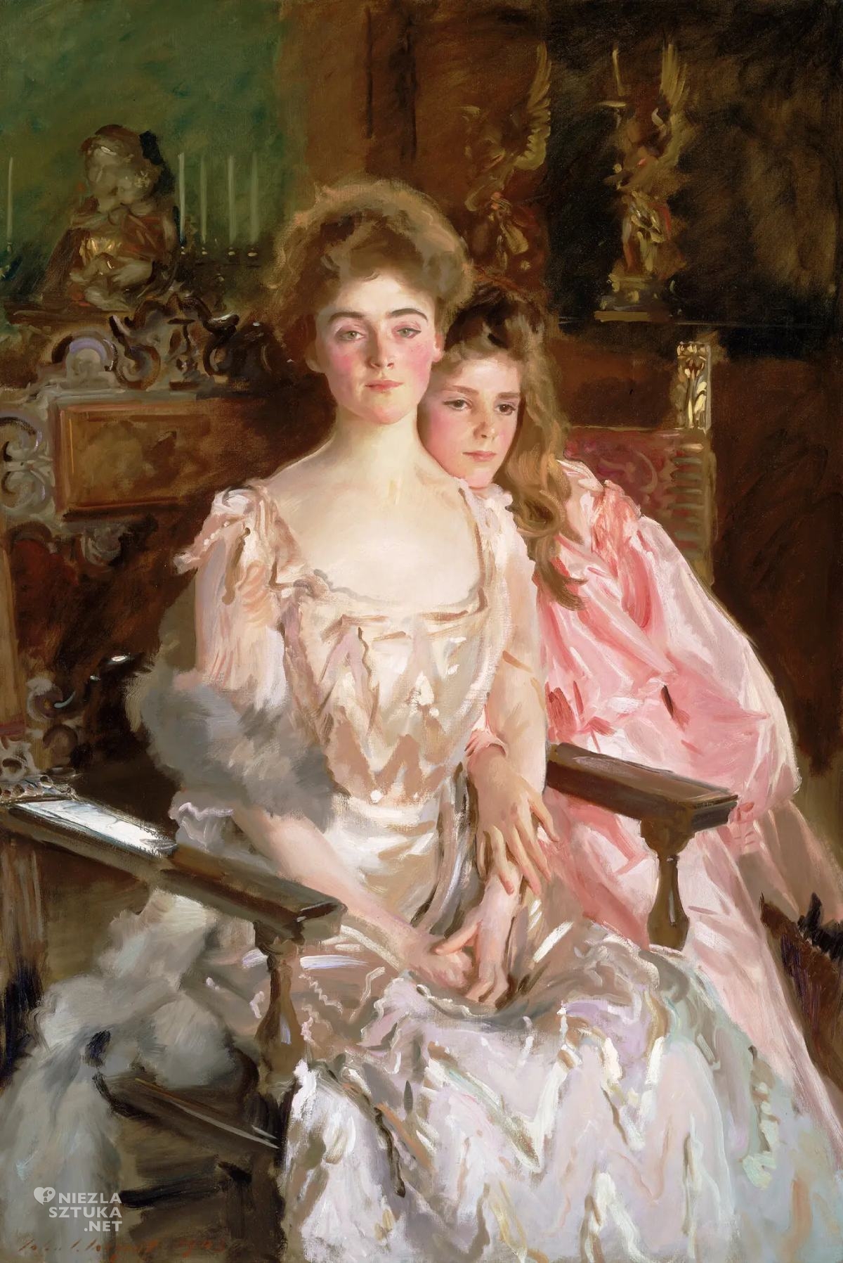 John Singer Sargent, Pani Fiske Warren (Gretchen Osgood) i jej córka Rachel, portret kobiecy, sztuka amerykańska, matka z córką, moda w sztuce, niezła sztuka