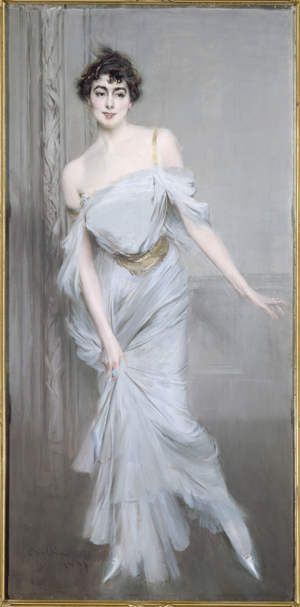 Giovanni Boldini, Madame Charles Max, kobieta w białej sukni, sztuka włoska, malarstwo włoskie, portret kobiecy, niezła sztuka