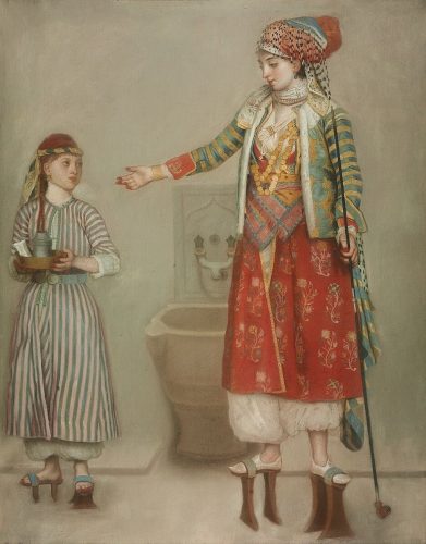 Jean-Étienne Liotard, Dama w tureckim stroju i jej służąca w łaźni tureckiej, sztuka francuska, buty, strój turecki, bliski wschód, orientalizm, niezła sztuka