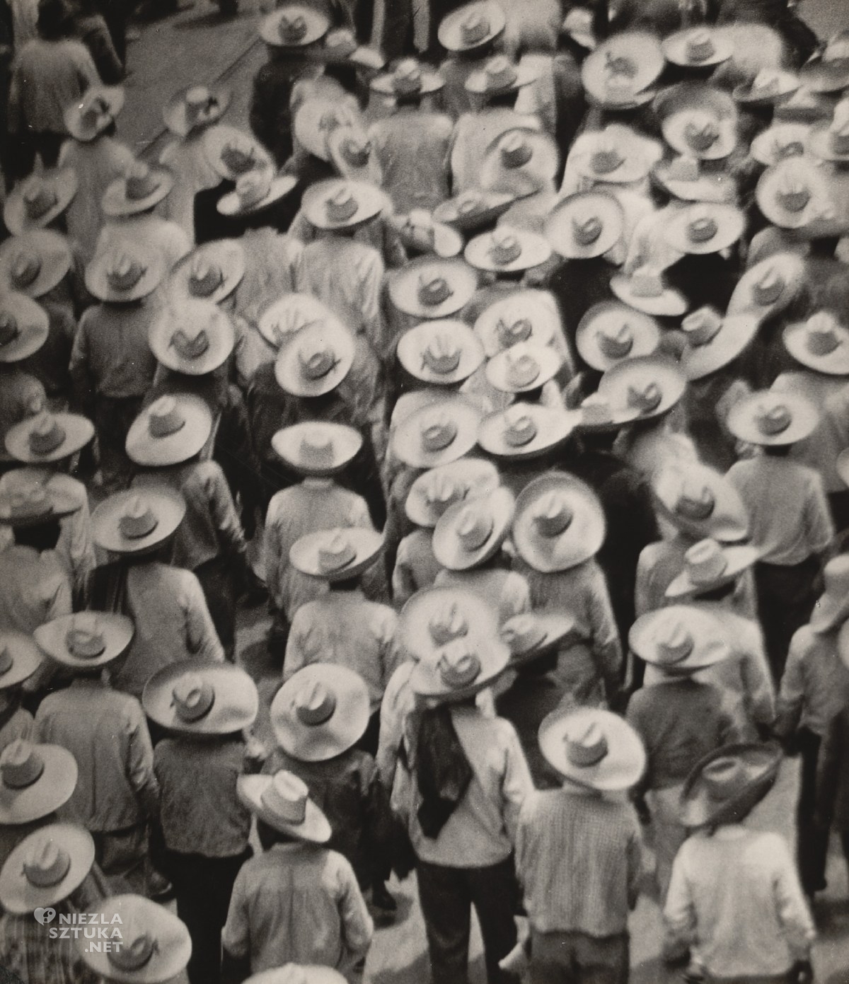 Tina Modotti, Parada pracowników, zdjęcie, archiwum, tłum ludzi, ludzie w kapeluszach, niezła sztuka