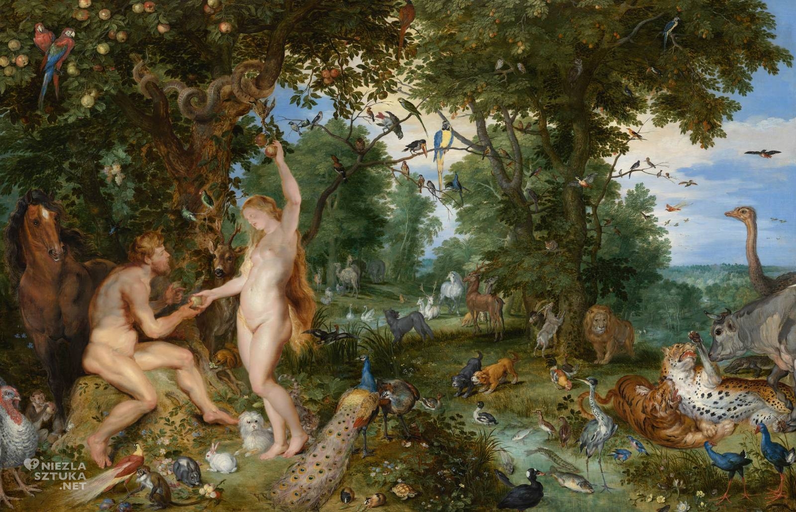 Jan Brueghel starszy, Peter Paul Rubens, Ogród Edenu z upadkiem człowieka, motywy religijne, scena biblijna, niezła sztuka