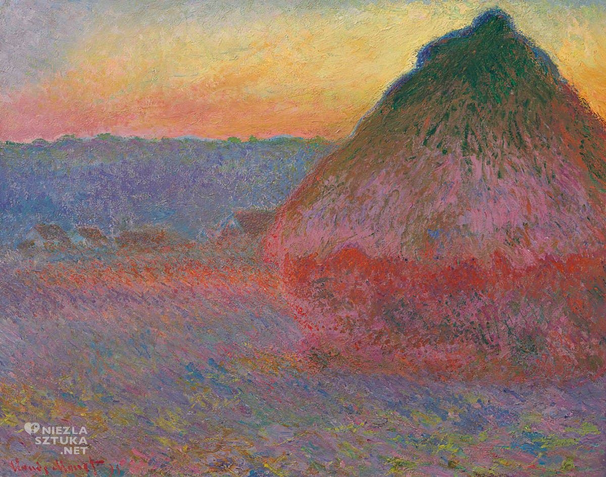 Claude Monet, Stogi siana, zachód słońca, pejzaż, impresjonizm, sztuka francuska, niezła sztuka