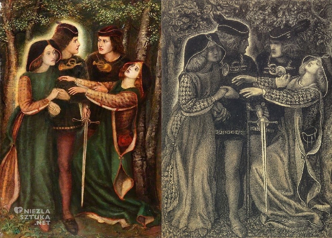 Dante Gabriel Rossetti, How They Met Themselves, szkic, obraz, akwarela, niezła sztuka