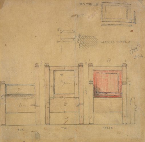 Stanisław Wyspiański, Projekt fotela dla Żeleńskich, meble, projekty, rysunek, design, sztuka polska, niezła sztuka