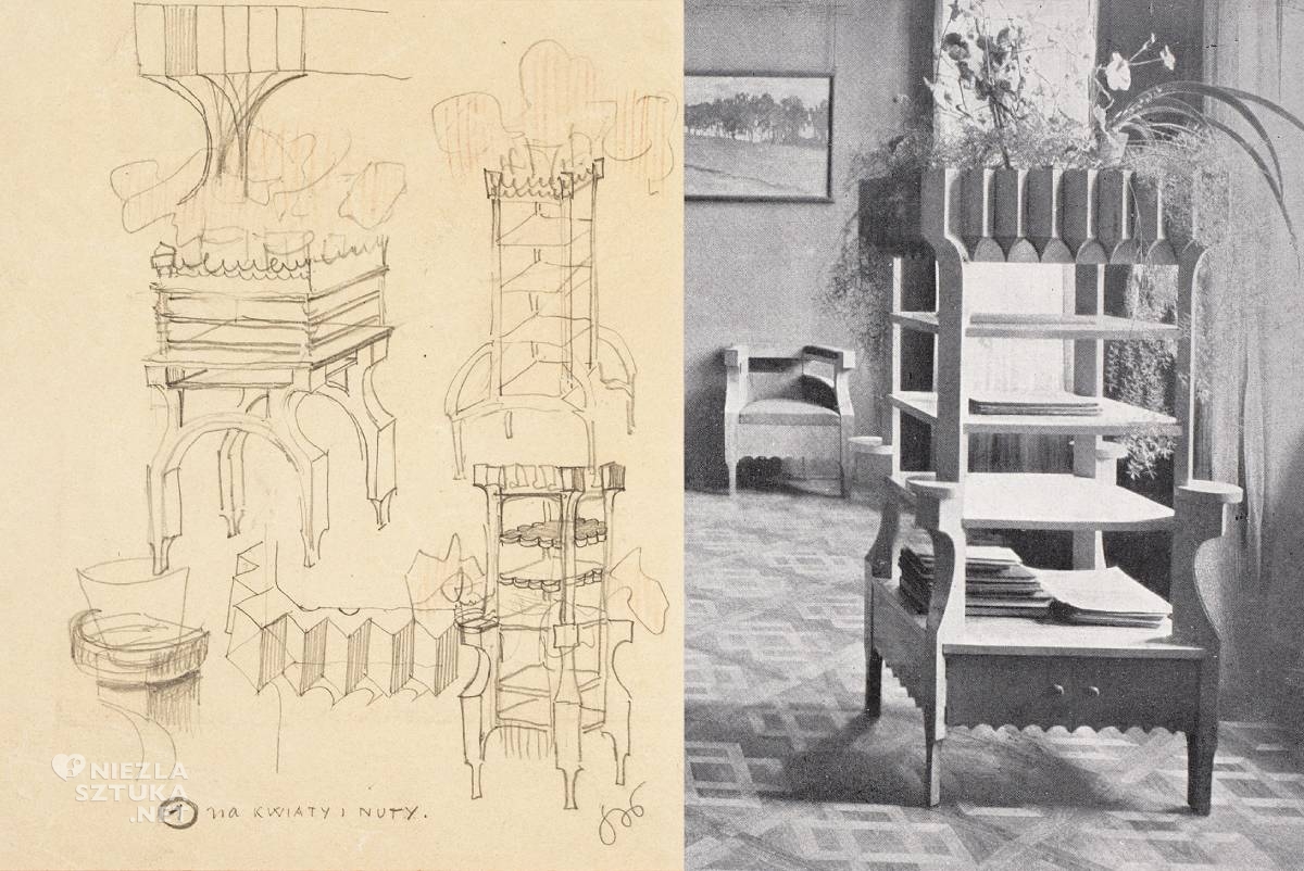 Stanisław Wyspiański, Kwietnik z kompletu mebli Państwa Żeleńskich, Salon w mieszkaniu PP. Tadeusza i Zofii Żeleńskich w Krakowie, zdjęcie, archiwum, niezła sztuka