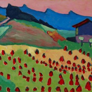 Gabriele Münter, Krajobraz z chatą o zachodzie słońca, malarstwo niemieckie, kobiety w sztuce, niezła sztuka