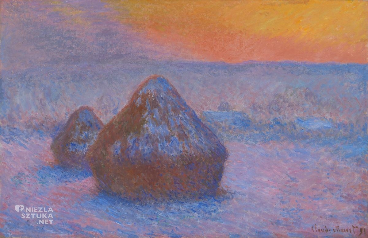 Claude Monet, Stogi pszenicy (Zachód słońca, Efekt śniegu), sztuka francuska, impresjonizm, niezła sztuka