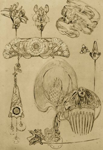 Alfons Mucha, projekty biżuterii, karta z Documents Decoratifs, karta z Documents Decoratifs, szkic, studium kwiatu, niezla sztuka