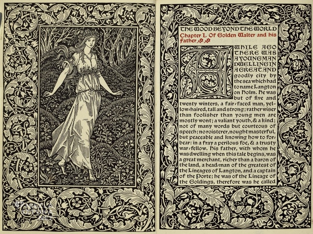 William Morris, the Wood Beyond the World, ilustracja Edward Burne-Jones, rts and Crafts, secesja, niezla sztuka