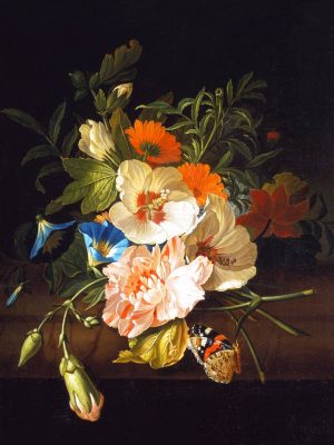 Rachel Ruysch, Bukiet kwiatów z rusałką admirałem na marmurkowej półce, ilustracja botaniczna, martwa natura, kobiety w sztuce, niezła sztuka