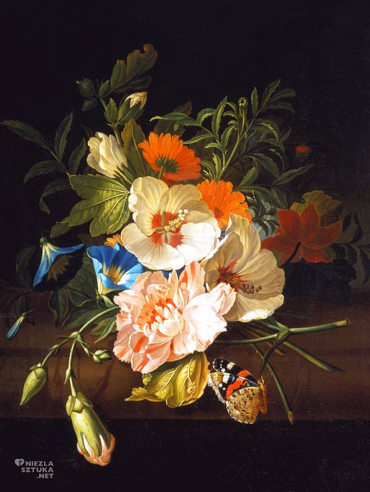 Rachel Ruysch, Bukiet kwiatów z rusałką admirałem na marmurkowej półce, ilustracja botaniczna, martwa natura, kobiety w sztuce, niezła sztuka