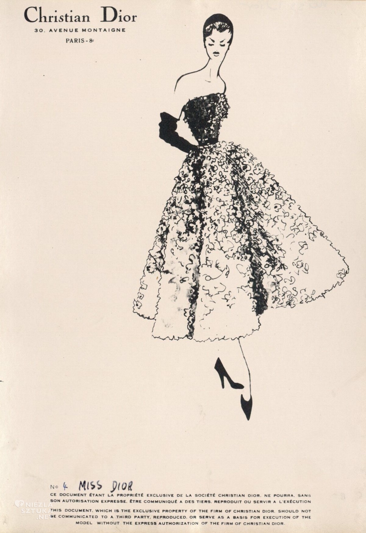 Christian Dior, szkic do sukienki Miss Dior, Catherine Dior, projektant, moda, Niezła Sztuka