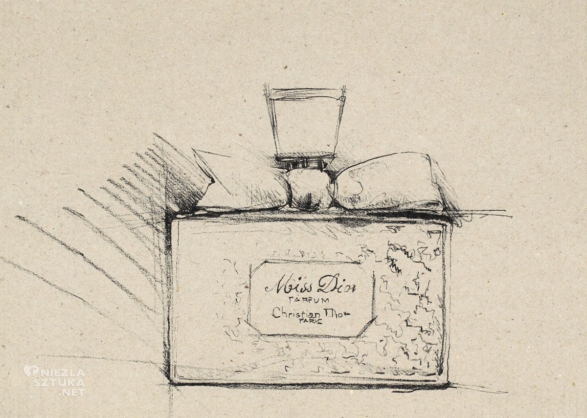 Christian Dior, szkic do butelki perfum, Miss dior, Catherine Dior, projektant, moda, Niezła Sztuka