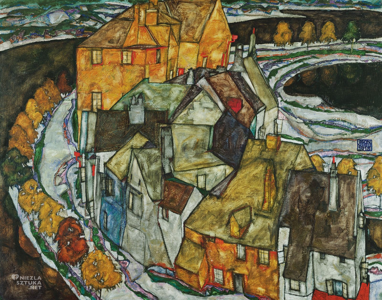 Egon Schiele, Półksiężyc Domów II, pejzaż, sztuka austriacka, secesja, niezła sztuka