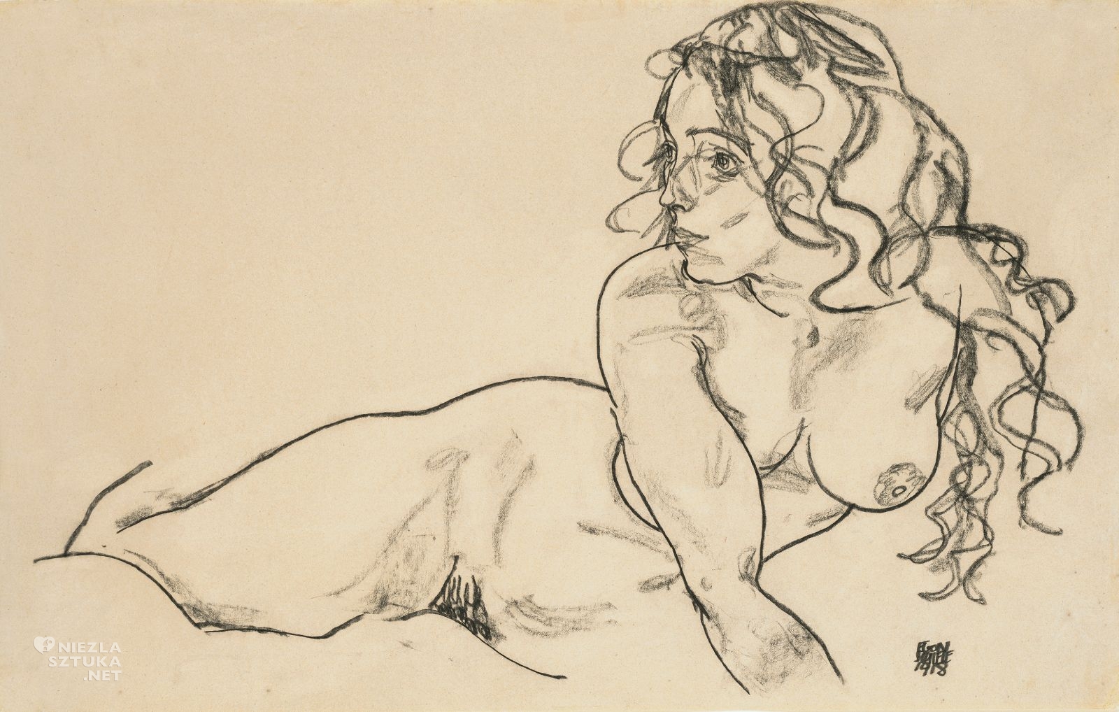 Egon Schiele, Leżąca naga kobieta z długimi włosami, sztuka austriacka, secesja, niezła sztuka
