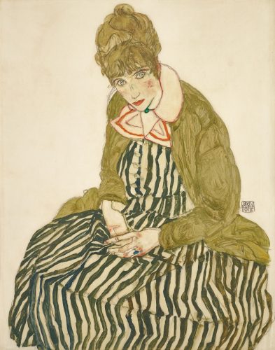 Egon Schiele, Edith Schiele w pasiastej sukience, siedząca, sztuka austriacka, secesja, niezła sztuka