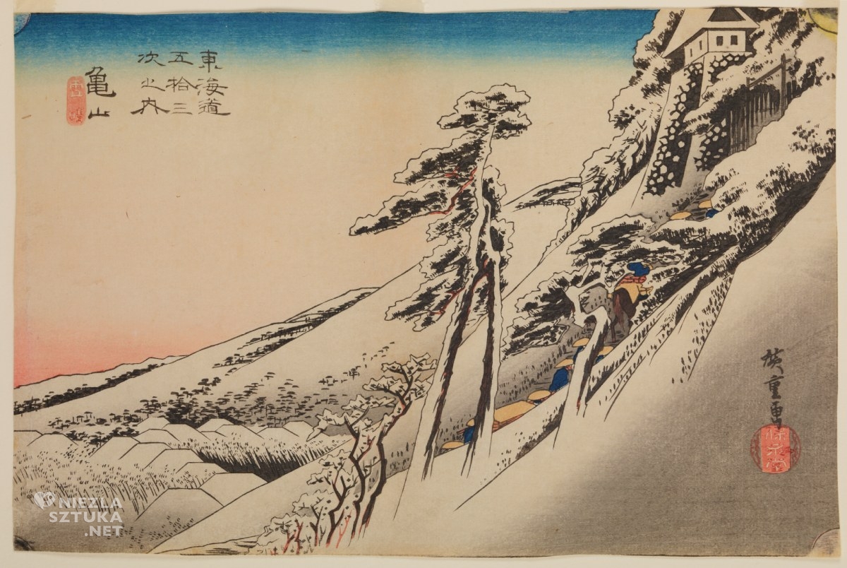 Ichiryusai Hiroshige, Rozpogodzenie po śnieżycy w Kameyama, cykl Pięćdziesiąt trzy etapy drogi Tokaido, sztuka japońska, drzeworyt, drzeworyt japoński, niezła sztuka