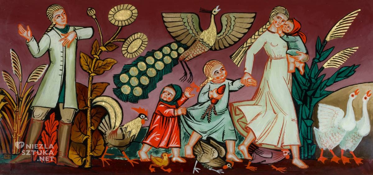 Helena Schrammówna, Zosia i Hrabia, sztuka polska, kobiety w sztuce, farba na szkle, motywy ludowe, niezła sztuka