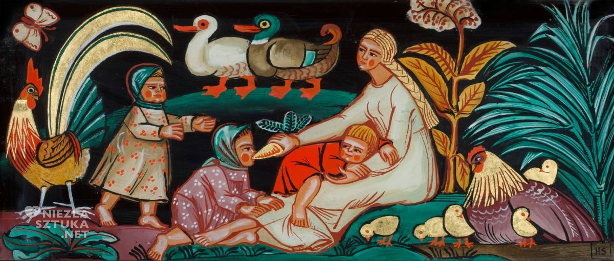 Helena Schrammówna, Zosia i dzieci wiejskie, sztuka polska, kobiety w sztuce, farba na szkle, motywy ludowe, niezła sztuka