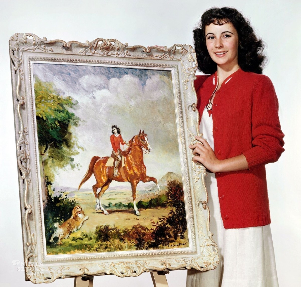 Elizabeth Taylor z portretem autorstwa Eliasza Kanarka z filmu Wielka Nagroda, Eliasz Kanarek, zdjęcie, archiwum, fotografia, niezła sztuka