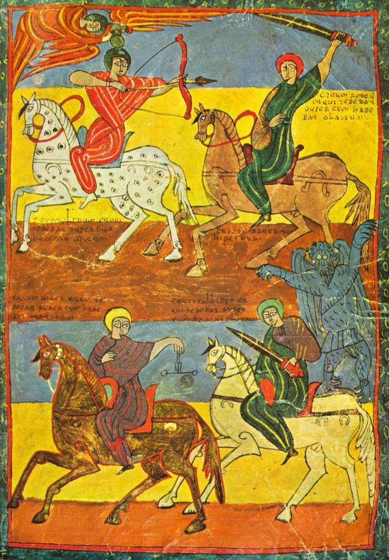 Czterej Jeźdźcy Apokalipsy, manuskrypt, apokalipsa, Beatus de Valladolid, ilustracje sakralne, iluminacja, Niezła Sztuka