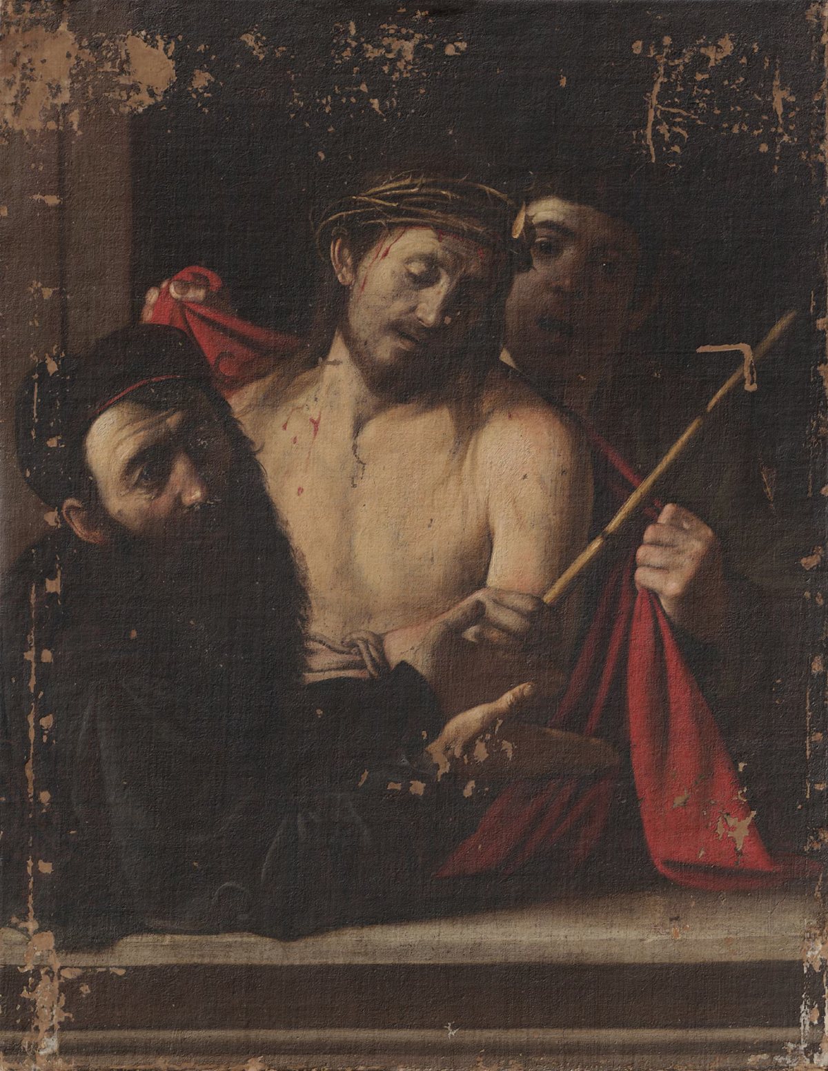 Caravaggio, Ecce Homo, przed konserwacją, motywy religijne, malarstwo włoskie, niezła sztuka